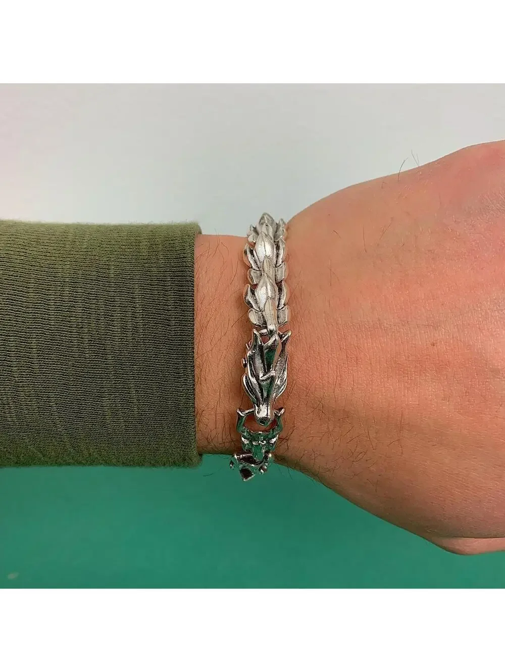 Grunge y2k style Silver stainless steel dragon scale head bracelet